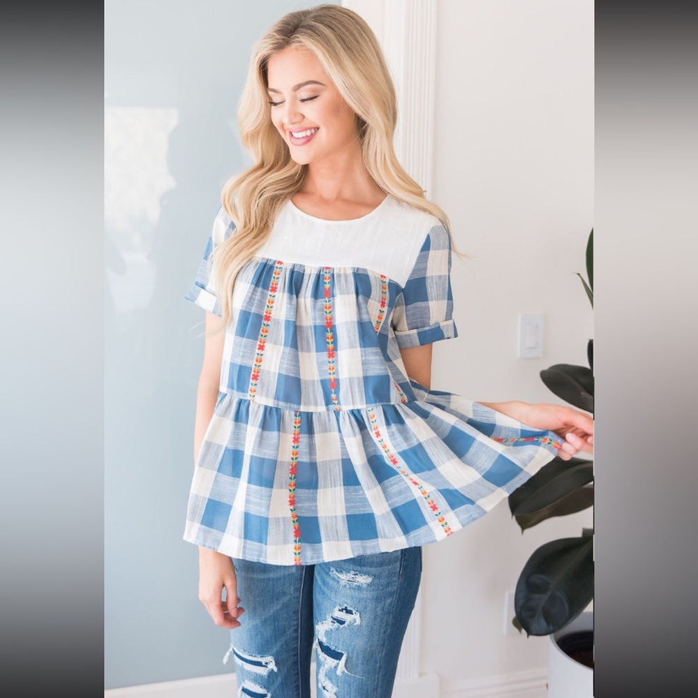 Blue & White Plaid Baby Doll Blouse